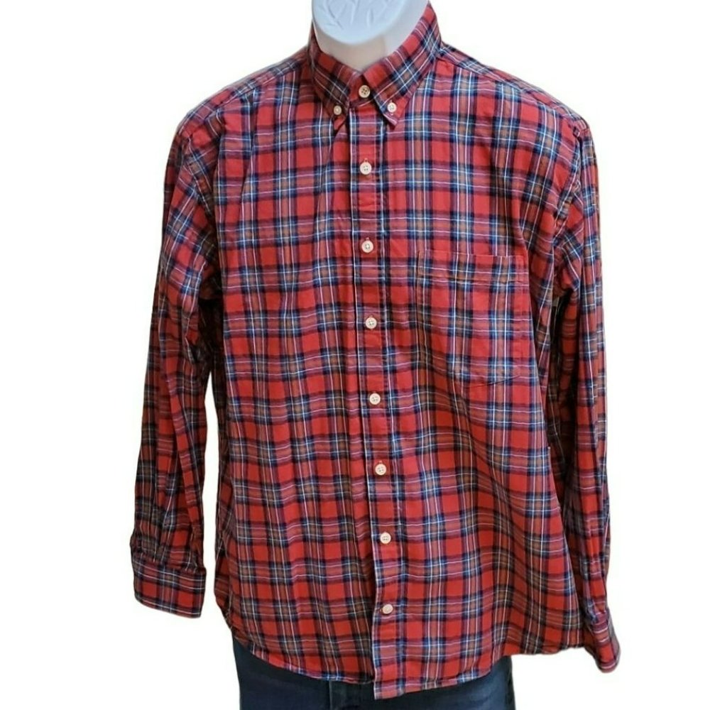 Woodies Red White Blue Men's Plaid Button Up Long Sleeve Dress Shirt Size XL